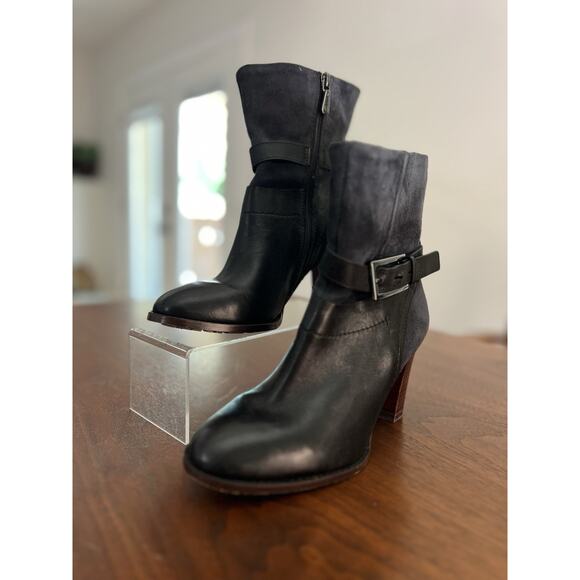 Clarks Shoes - Clarks Kacia Garnet Black Suede and Leather Bootie With Buckle Detail. Size 5M